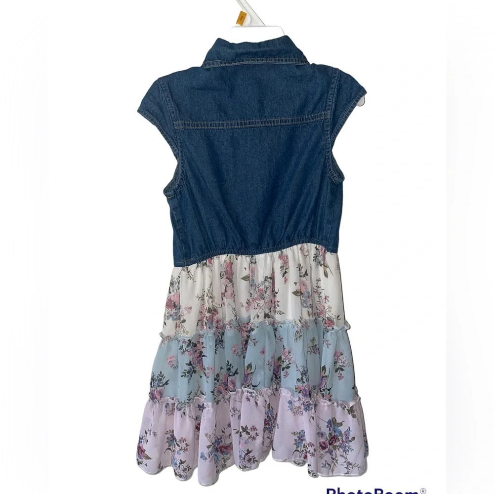 Zunie Girl's Denim Chiffon Tiered Floral Print Dress